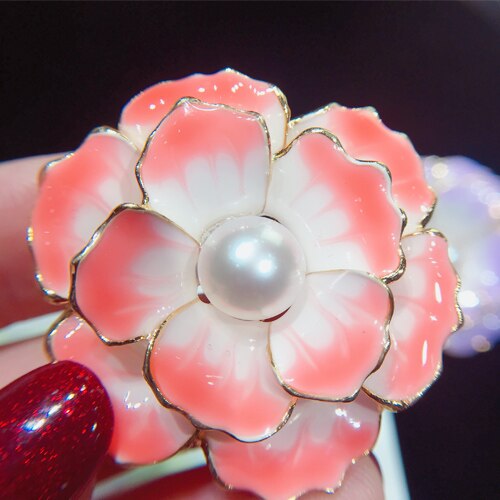 Pearl Enamel Flower Brooch