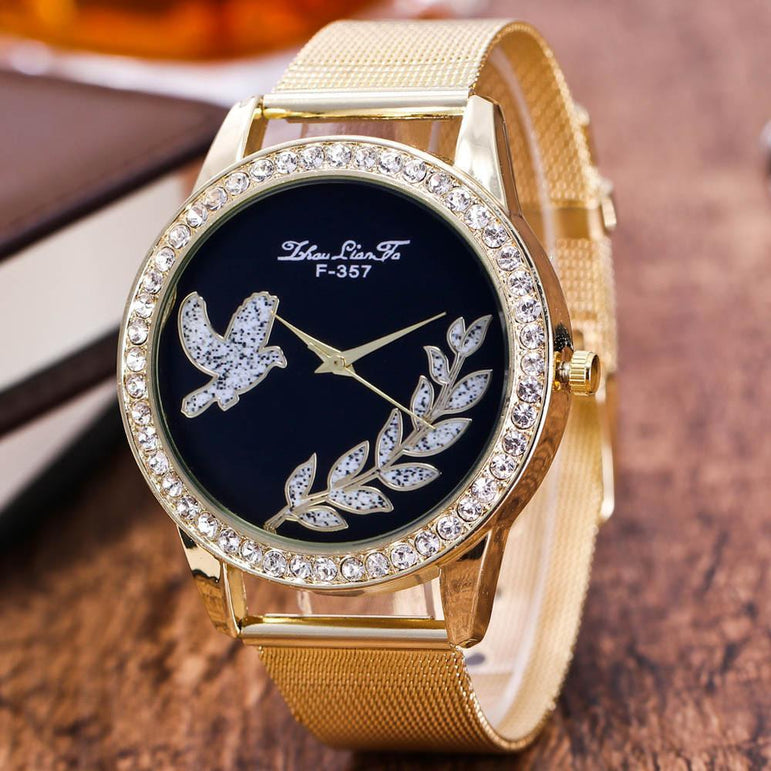 Quartz Leaf Bird Design Stainless Steel Watch