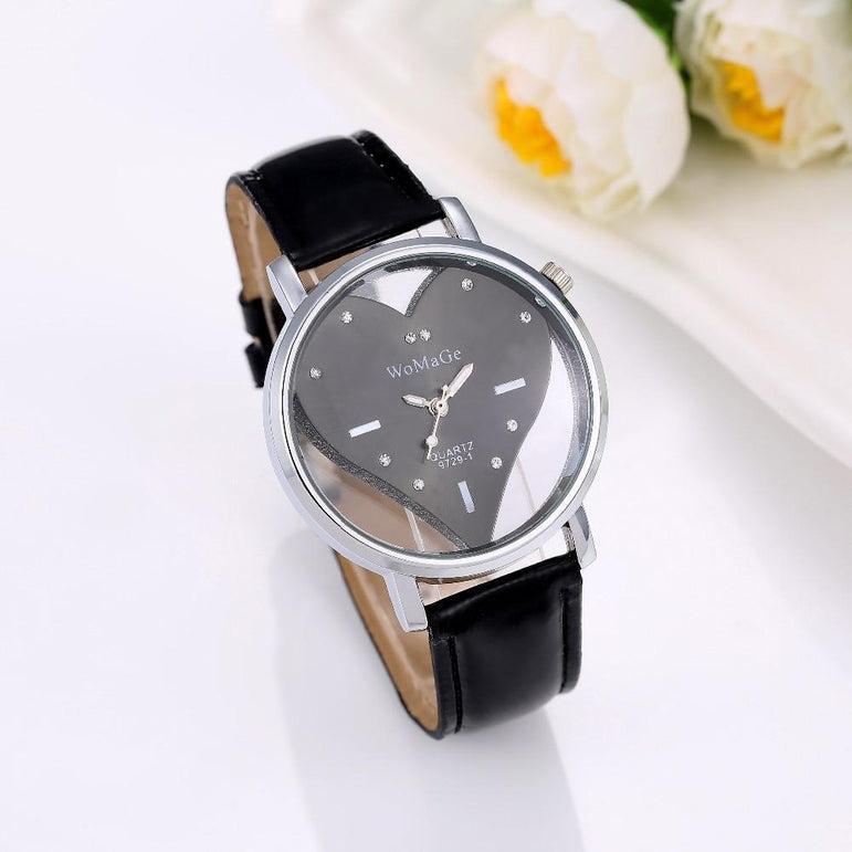 Heart Shape Inlaid Display Cute Leather Watch