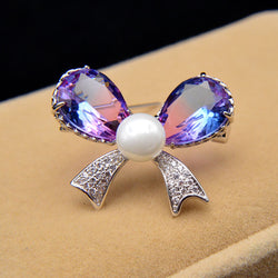 Cubic Zirconia Bow Pearl Accent Brooch