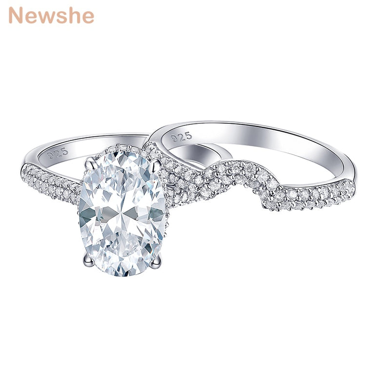Newshe 2 Pieces Solid 925 Sterling Silver Engagement Ring Wedding Band Bridal Set Oval Shape White Zircon Grand Jewelry BR0875