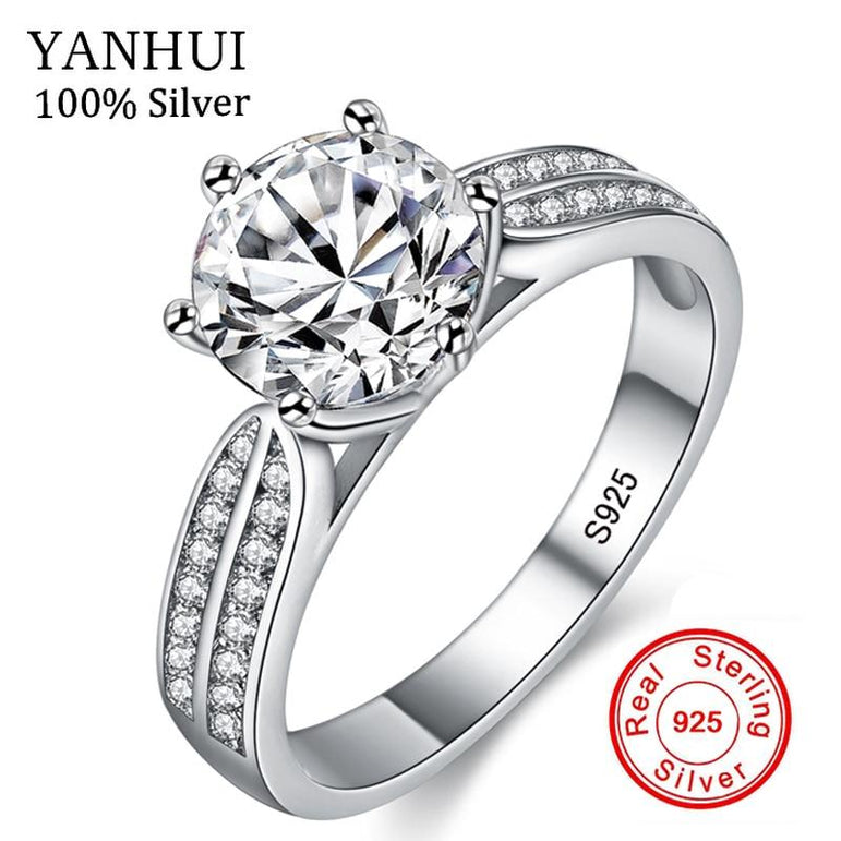 YANHUI 100% Real Natural 925 Sterling Silver Rings for Women Luxury 8mm Sona Cubic Zirconia Wedding Rings Fashion Jewelry ZLR006