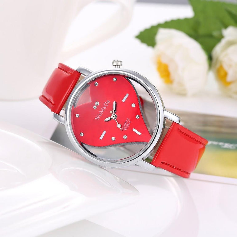 Heart Shape Inlaid Display Cute Leather Watch