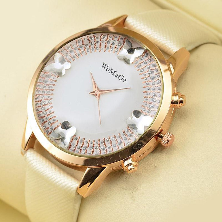 Colorful Leather Strap Rose Gold Watch