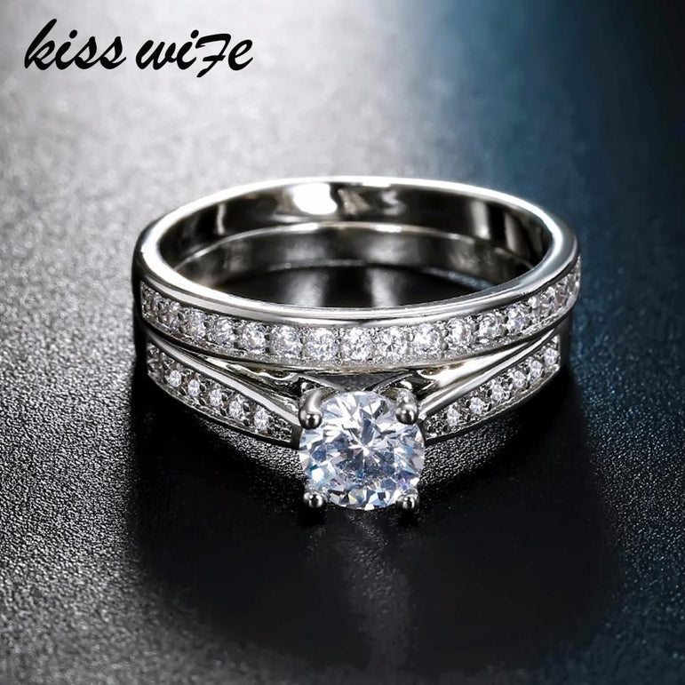 KISSWIFE 2pcs/lot Silver Double Rings Set Engagement Woman Cubic Zirconia Ring For Women Ladies Lover Party Wedding Jewelry