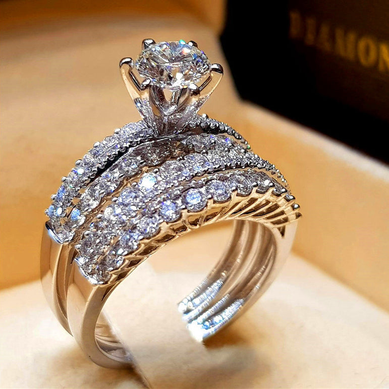 Cute Female Crystal White Diamond Ring Set Luxury 925 Silver Engagement Ring Vintage Bridal Wedding Rings For Women